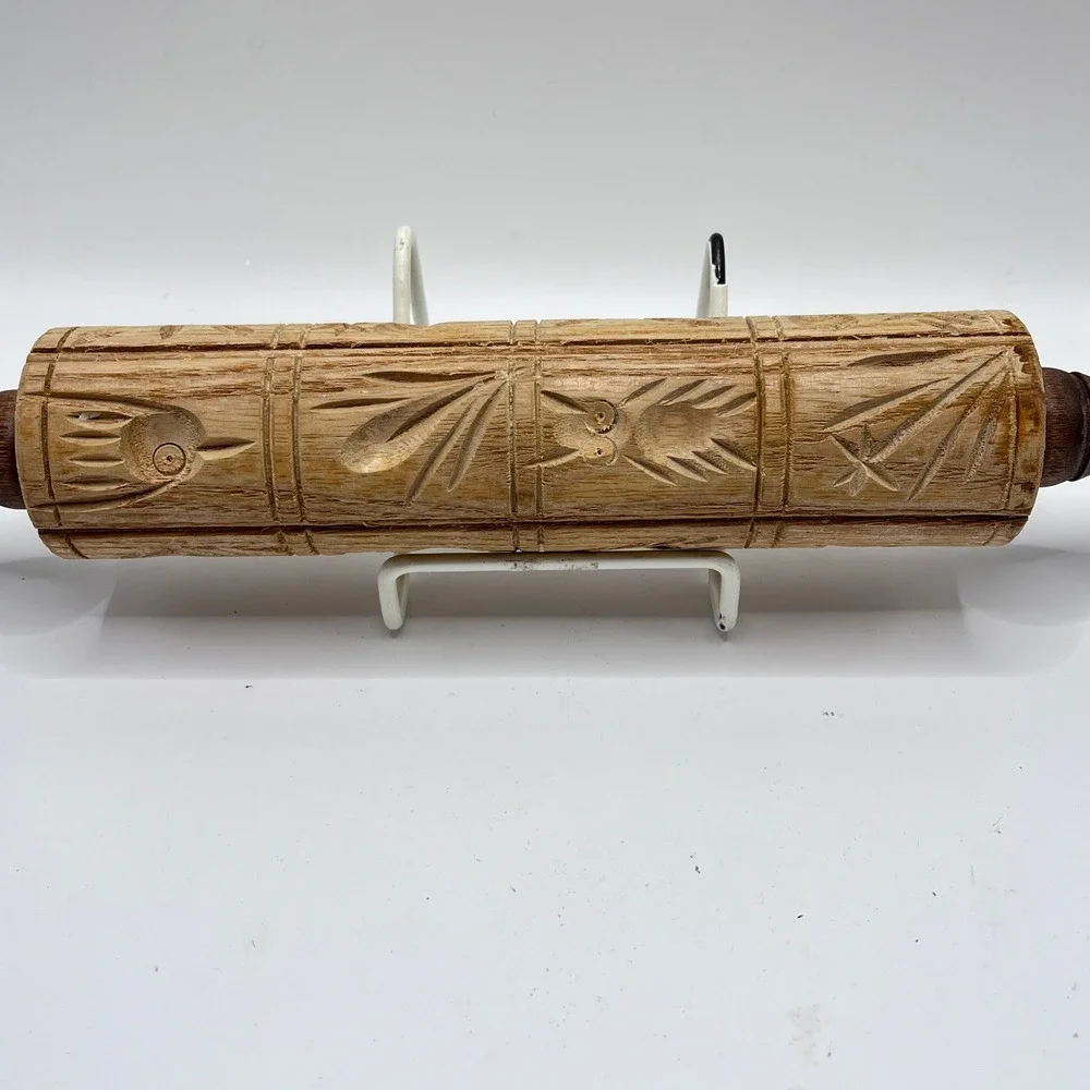 Vintage Hand Carved Wooden Springerle Rolling Pin Folk Art Cookie Mold Press